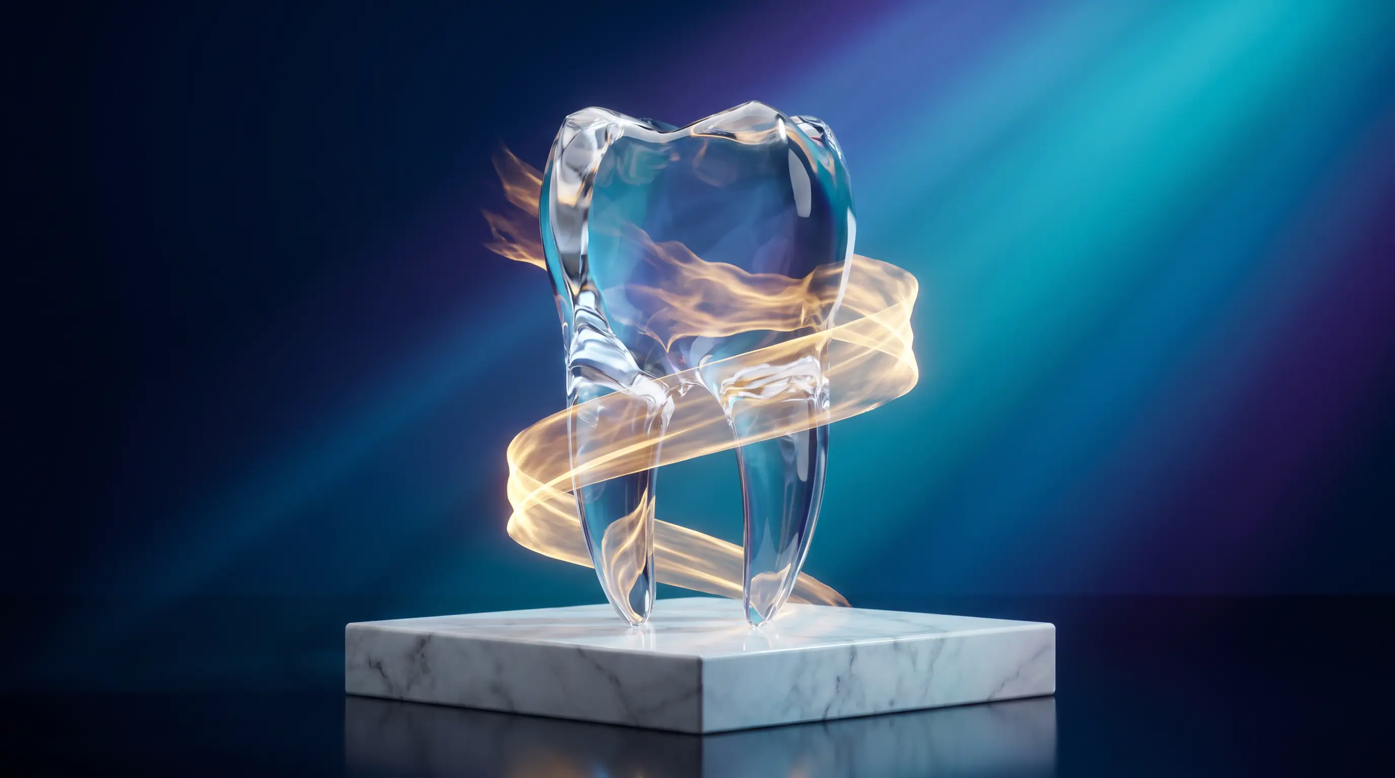 Monumental crystal tooth only partially wrapped in a fraying ribbon of golden light, the limited and often excluded coverage dental insurance gives implants