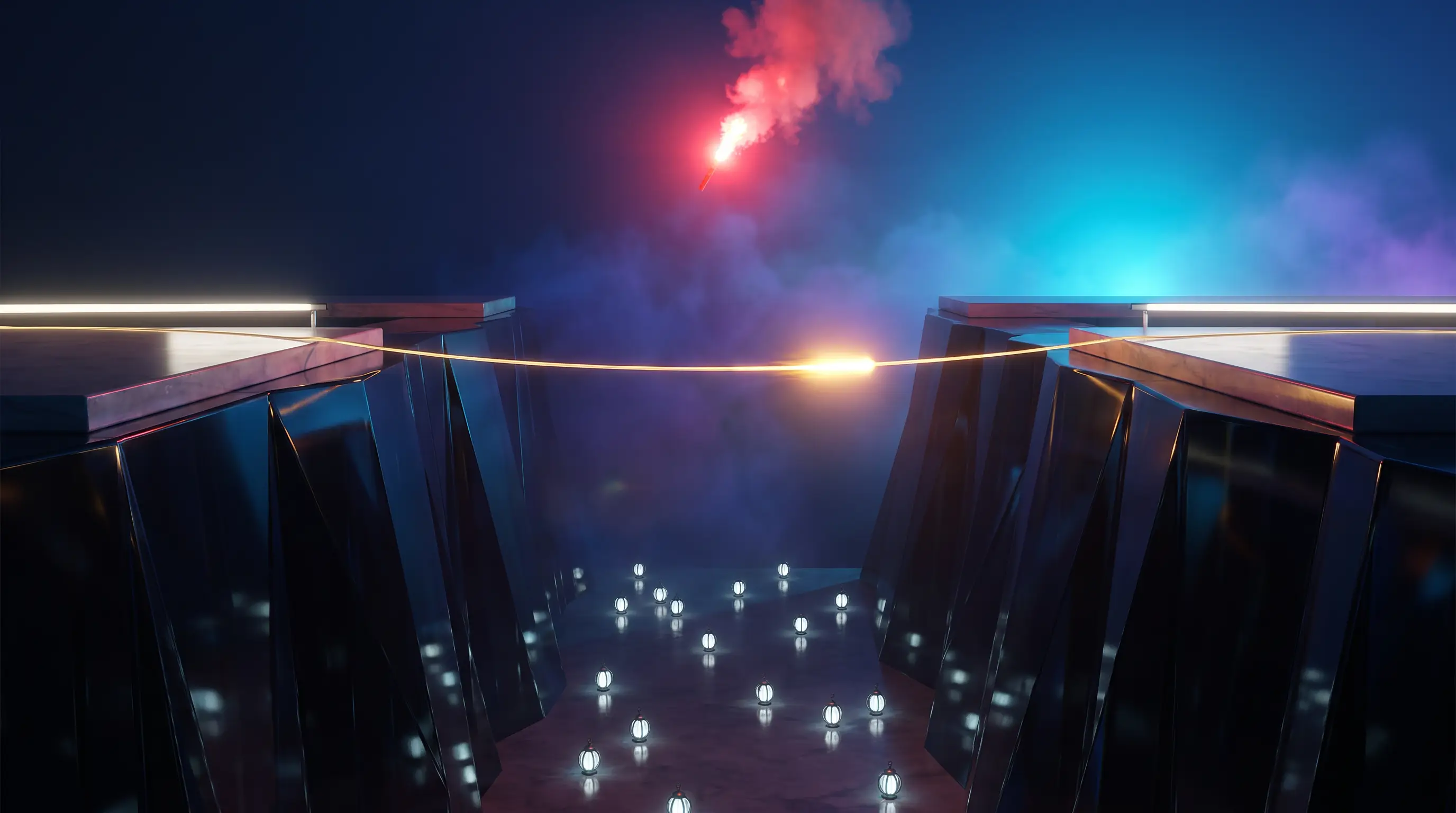 Golden pulse crossing a glass canyon only when a flare bursts overhead, GAP insurance paying toward the deductible on triggered events