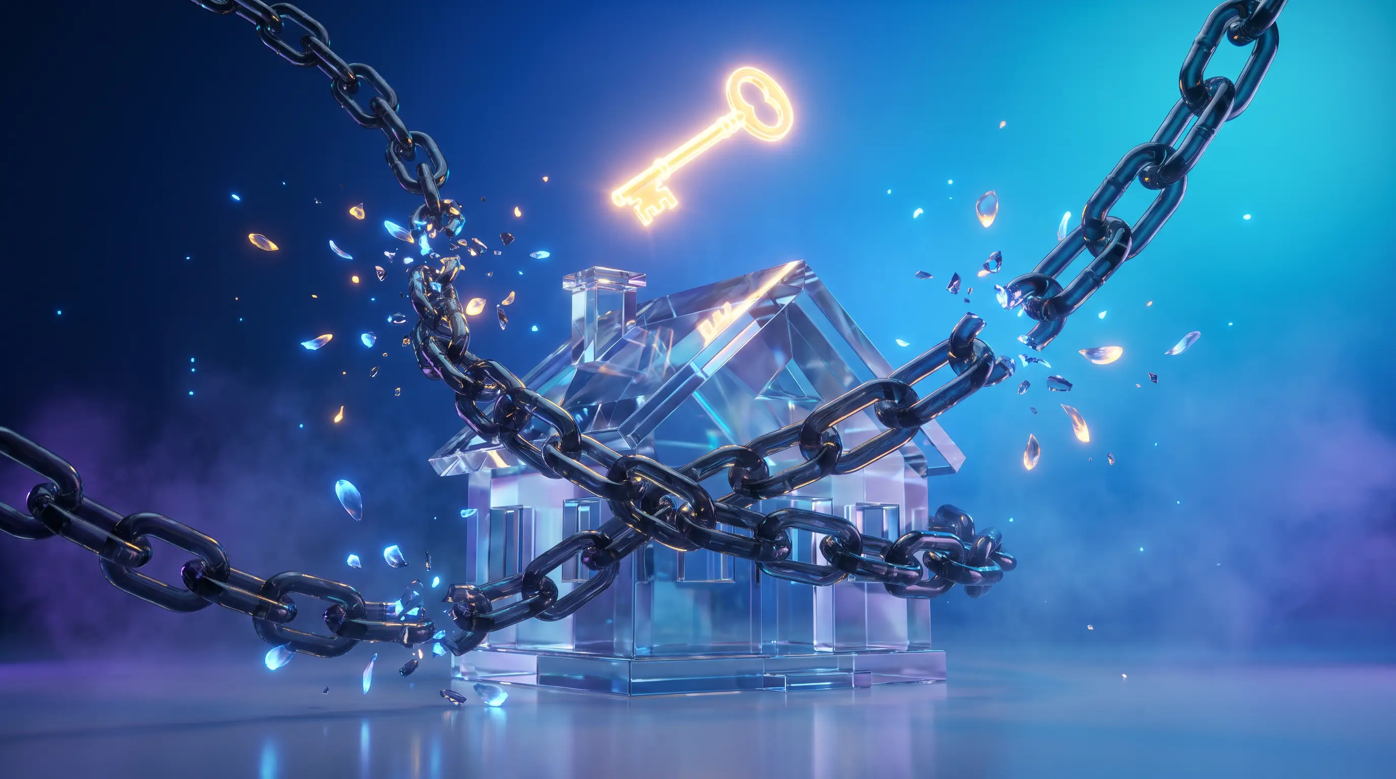 A radiant golden key of light shattering dark glass chains wrapped around a crystal house, a life insurance death benefit paying off the mortgage