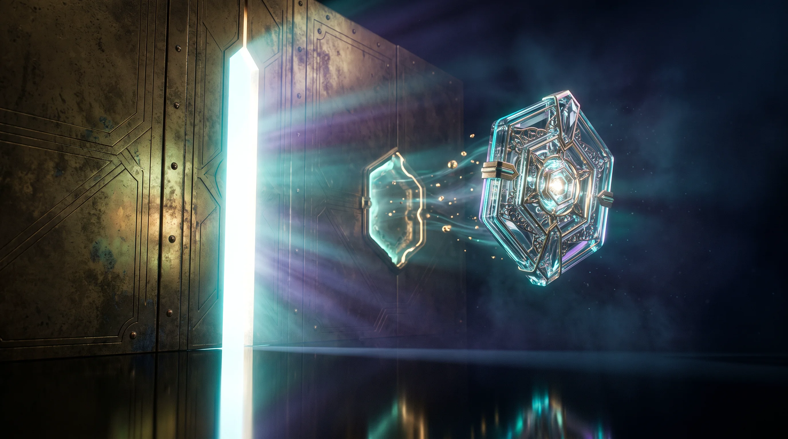 A glass badge lifting off a brass wall as a doorway of light opens beside it, whether losing a job qualifies for special enrollment
