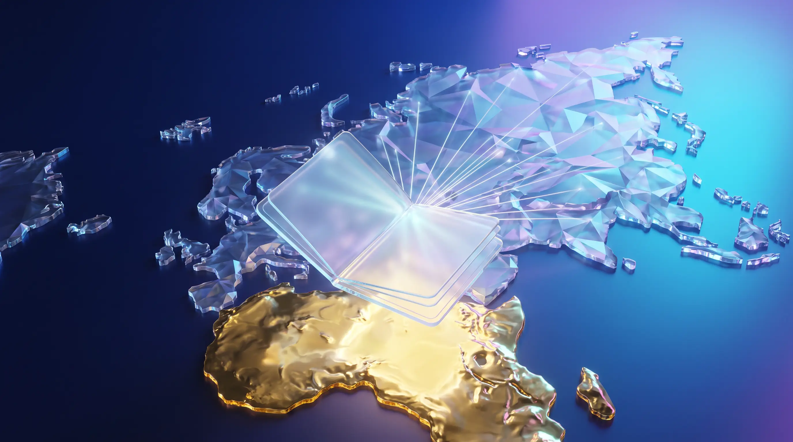 Luminous glass passport casting beams across a golden crystalline map of the United States, Medigap coverage traveling to every state