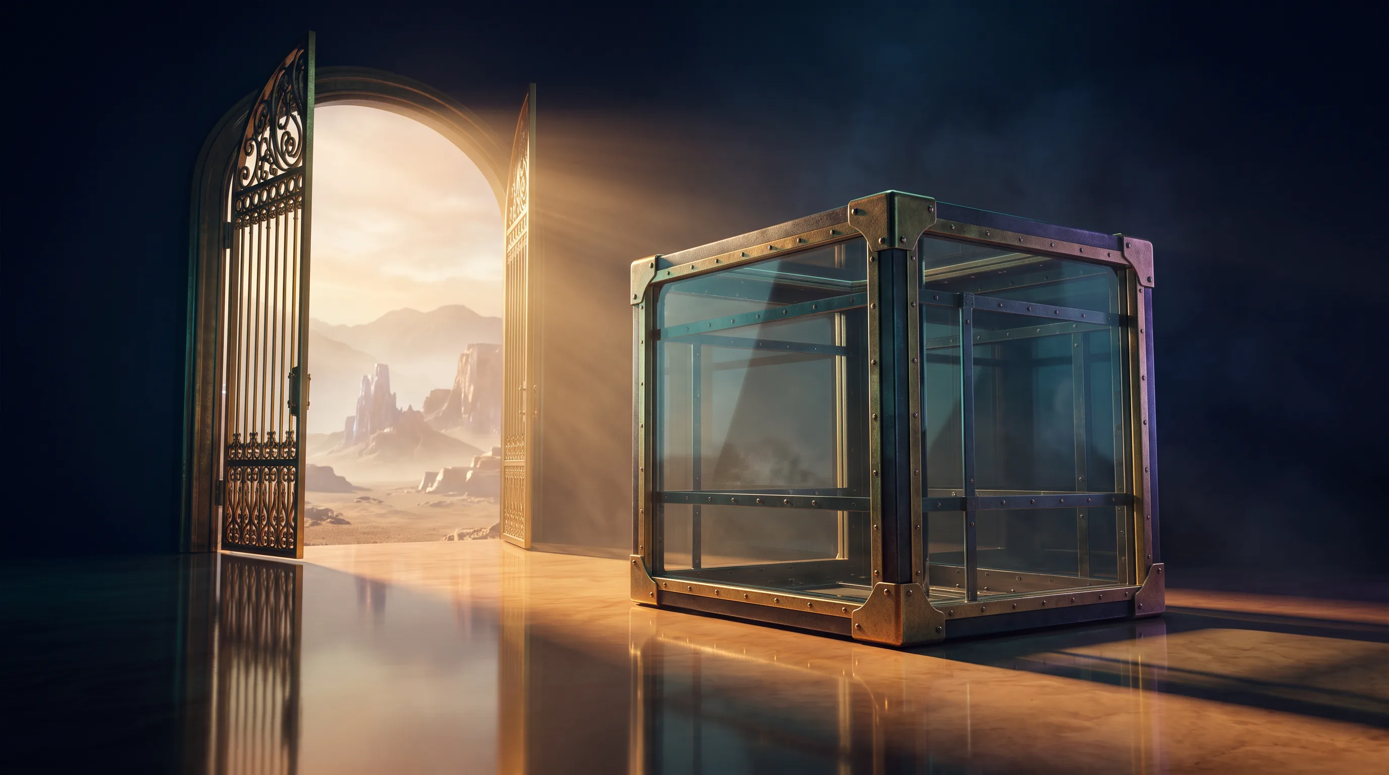 A glass moving crate set down as a brass gate opens on a desert horizon, whether moving to Nevada triggers a special enrollment period