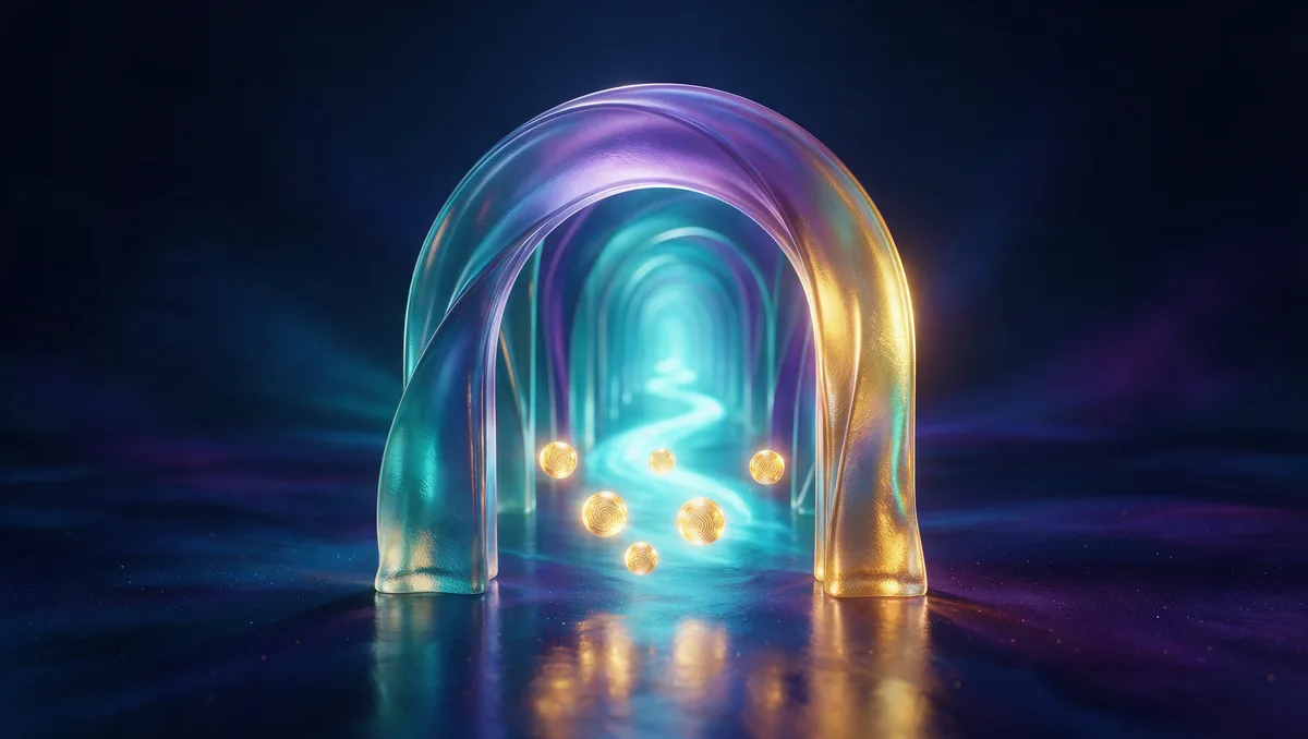 A translucent glass threshold arch with six small glowing orbs gathered on one side and an open path of cyan light beyond it, the Nevada employer coverage test