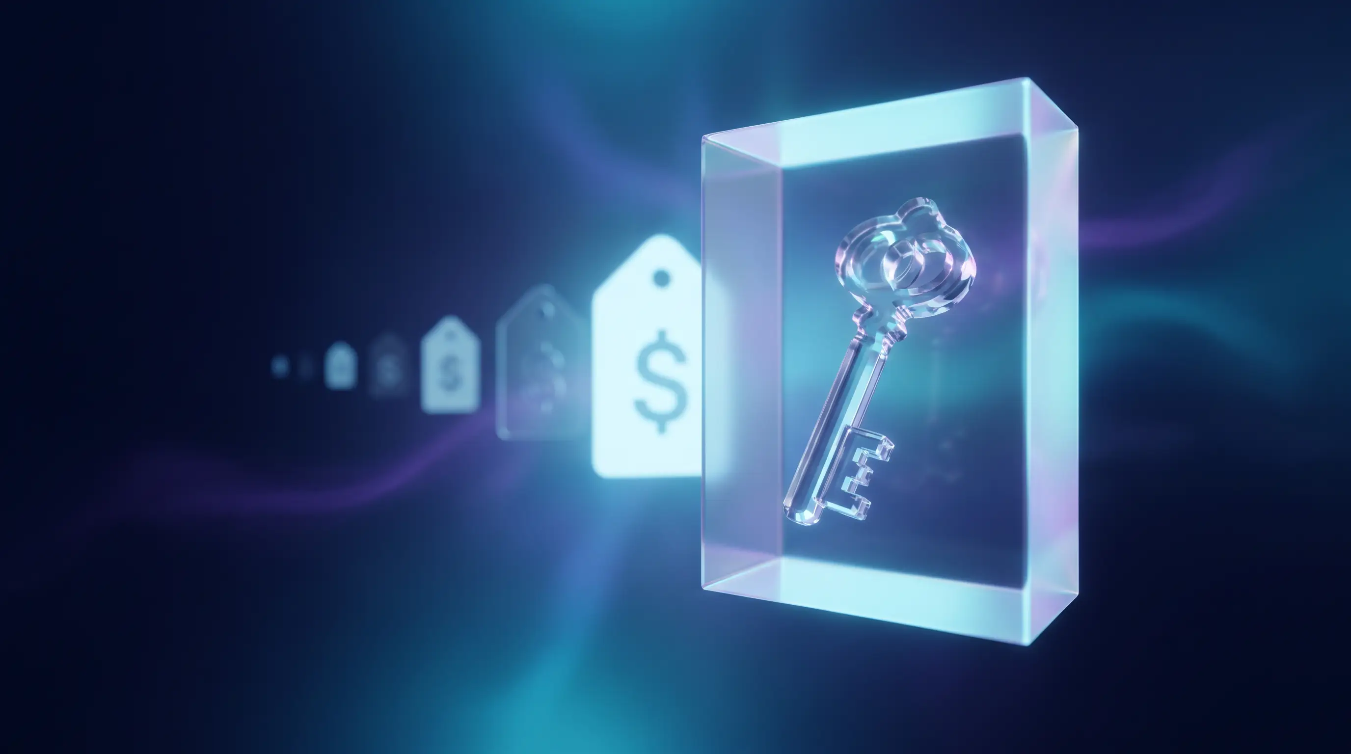 Glass membership key opening a prism gate onto a corridor of shrinking light-tags, how dental discount plans unlock reduced member pricing