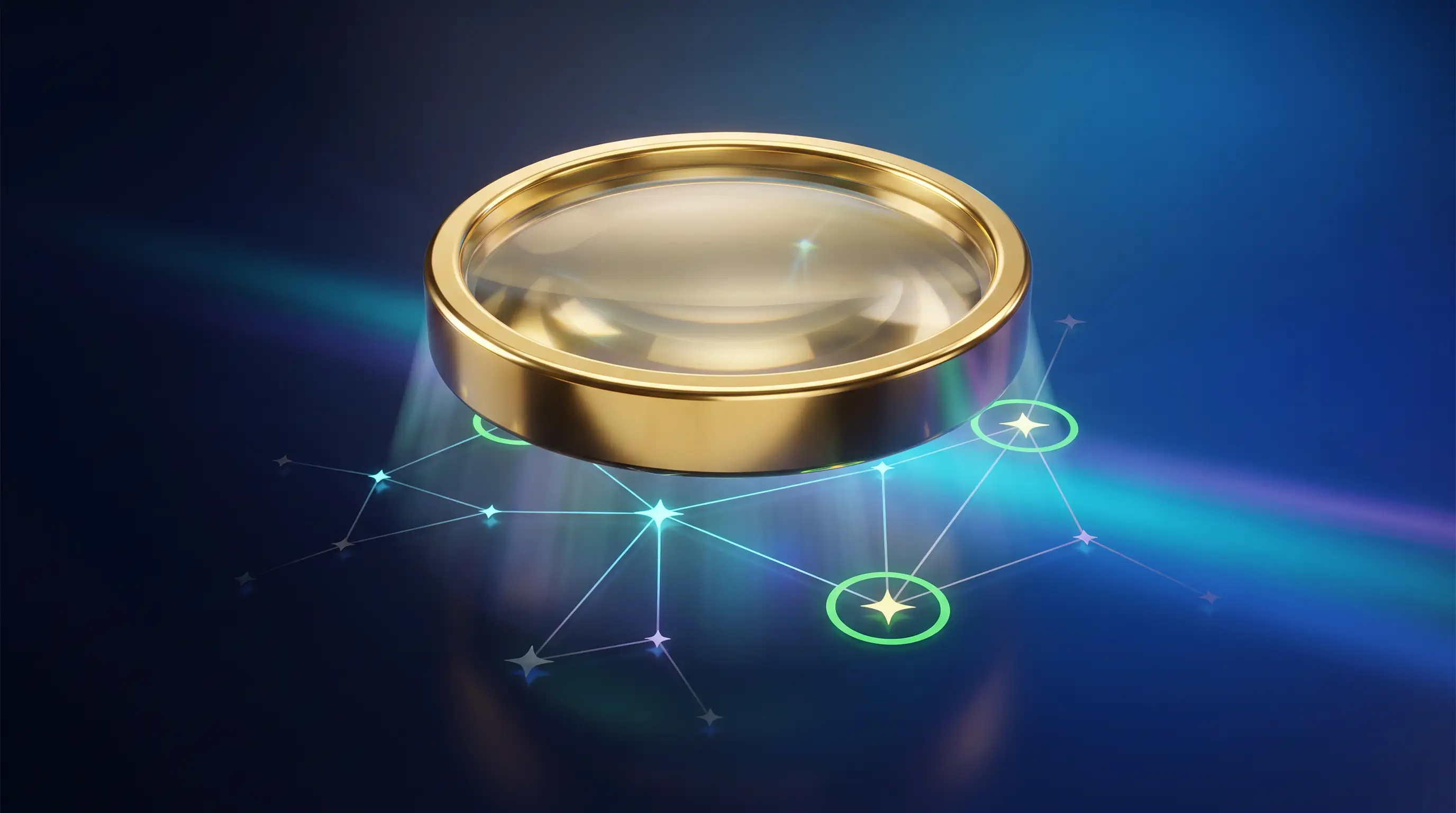 Golden lens verifying stars on a shifting constellation map with green confirmation rings, checking whether a doctor is in network