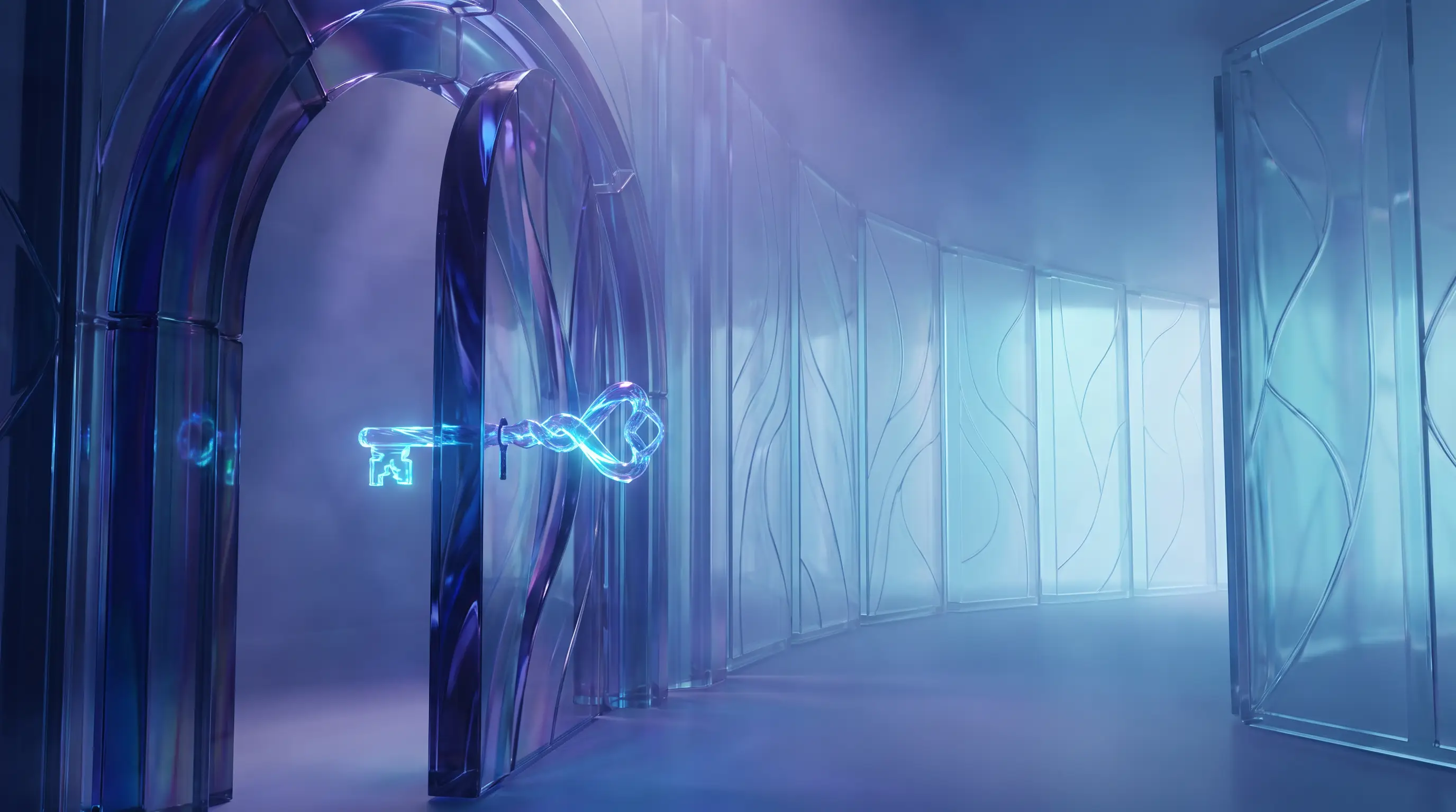 A glowing glass key opening a translucent doorway to a lit corridor, the one-employee threshold for group health insurance eligibility