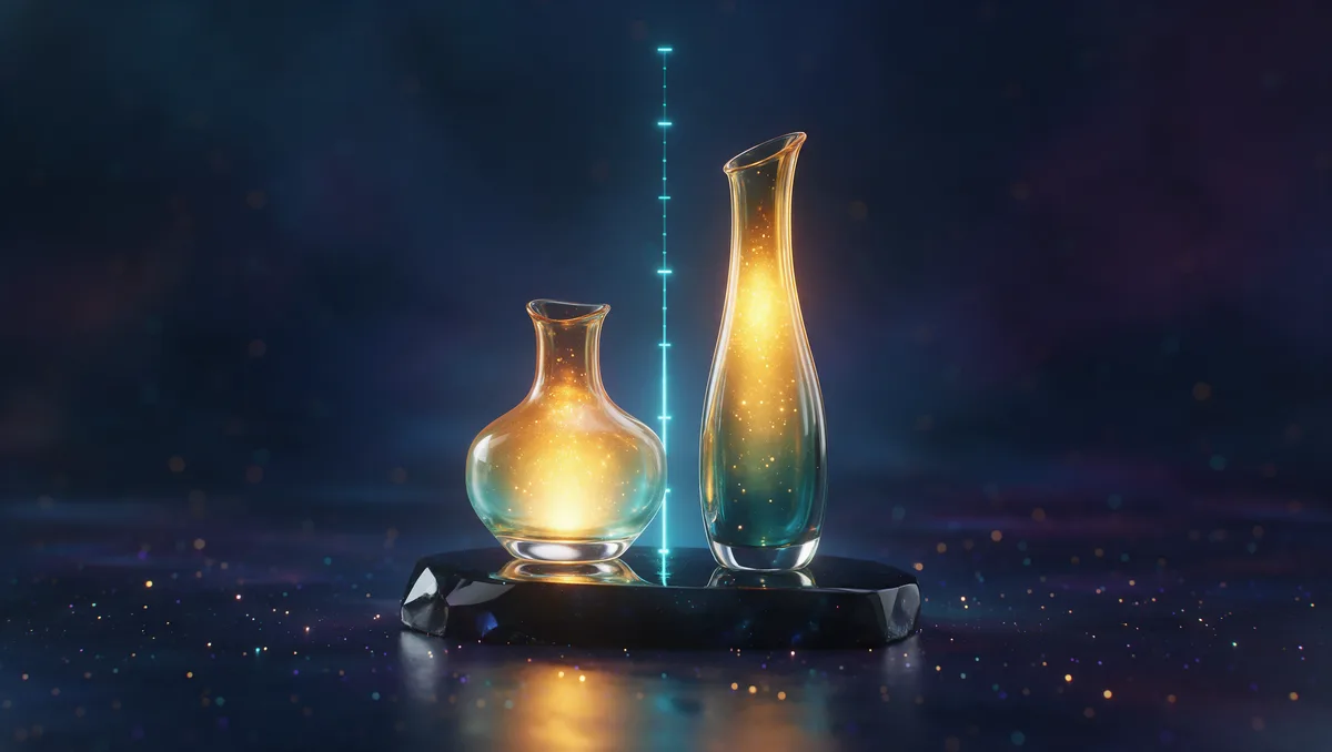 Two translucent glass vessels side by side, a short one filled with gold light and a far taller one filled much higher, the IRA cap set against the 401k limit