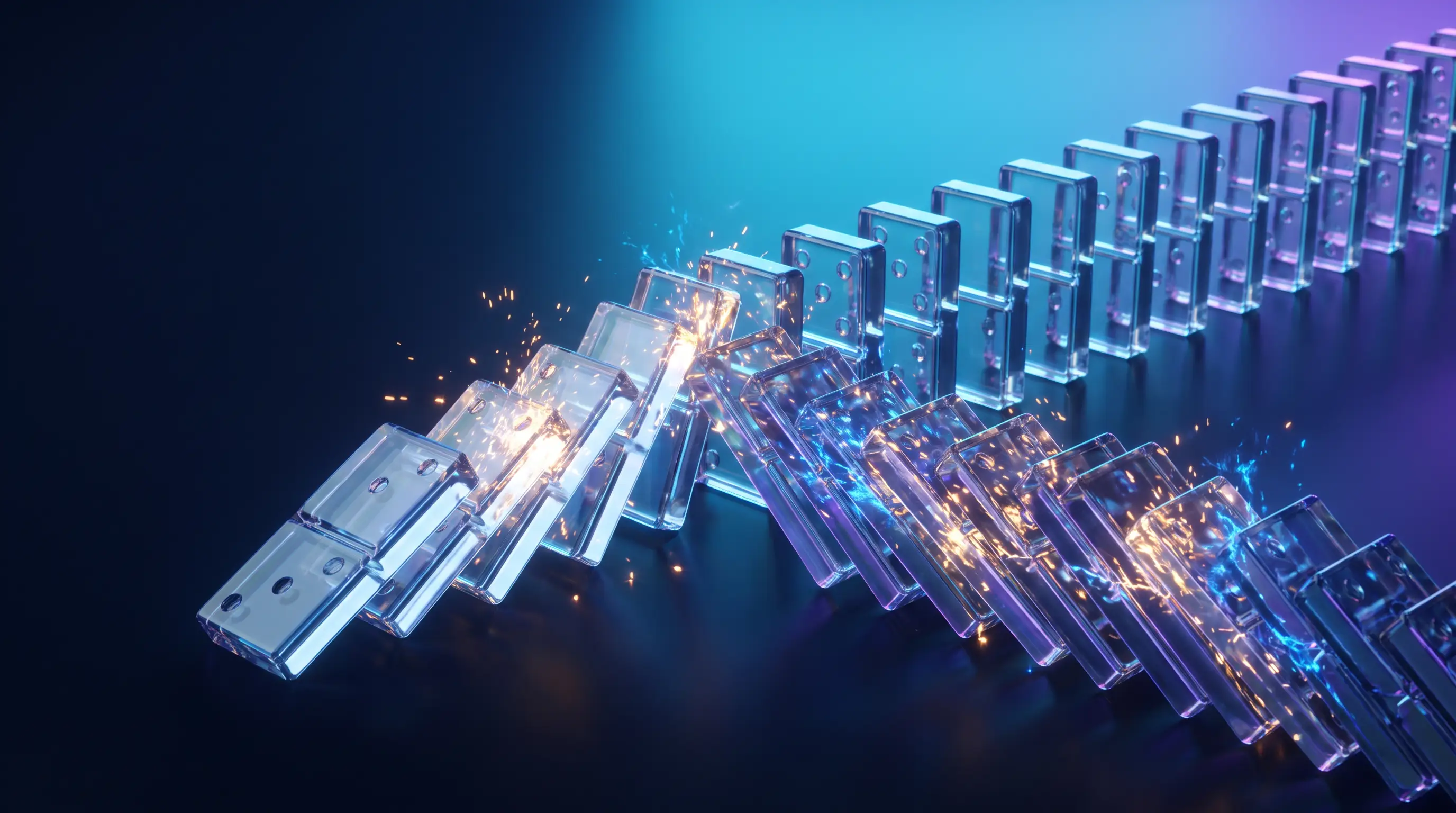 One toppled glass domino triggering a multiplying mirrored cascade of glowing tiles, how a single HR mistake compounds in cost