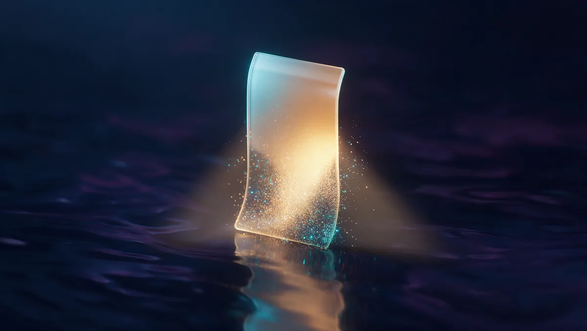 A translucent glass invoice standing upright with a broad beam of golden light dissolving most of its lower portion into particles, the startup cost credit covering the bill