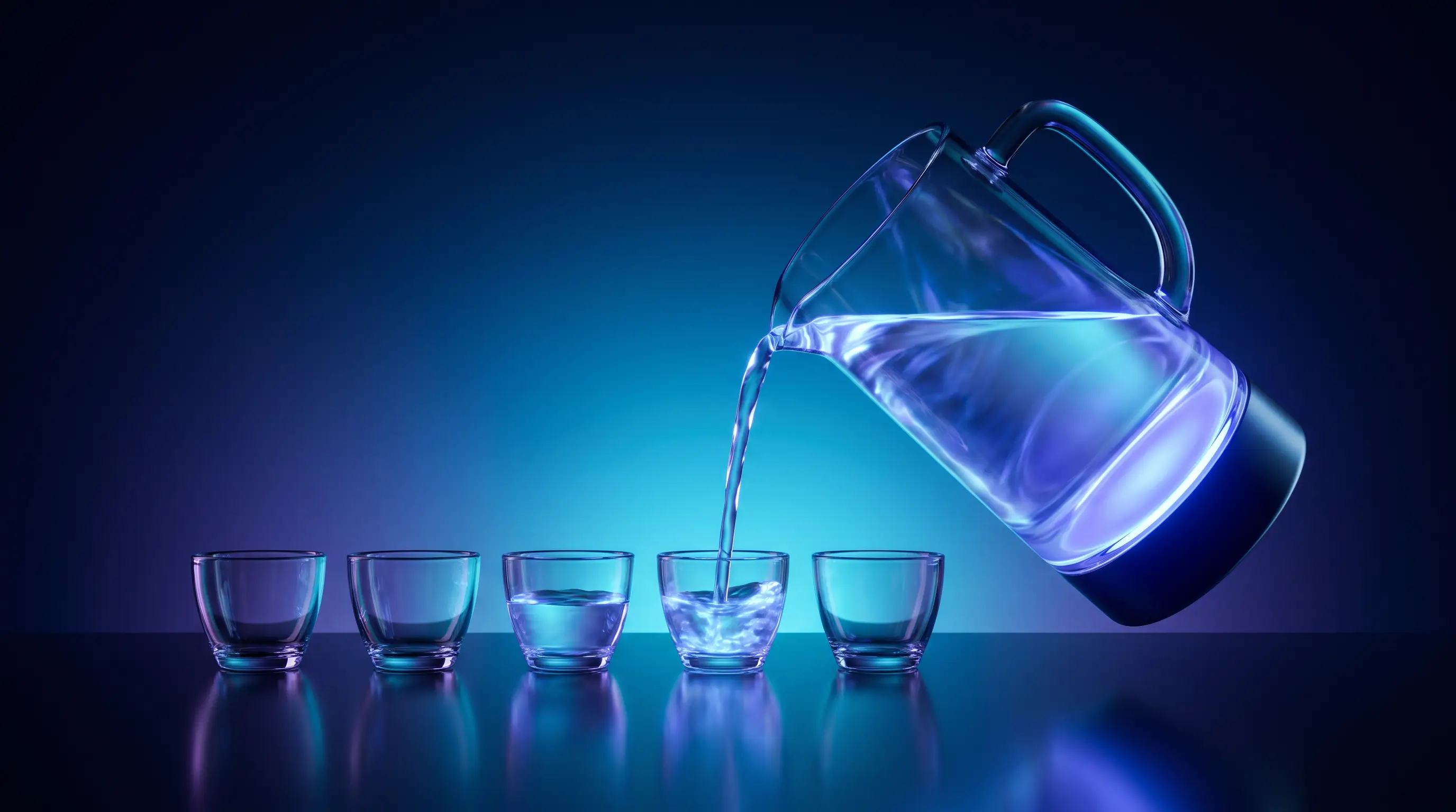 A calibrated glass pitcher pouring equal measures of light into a row of cups, setting a fixed per-employee benefits budget