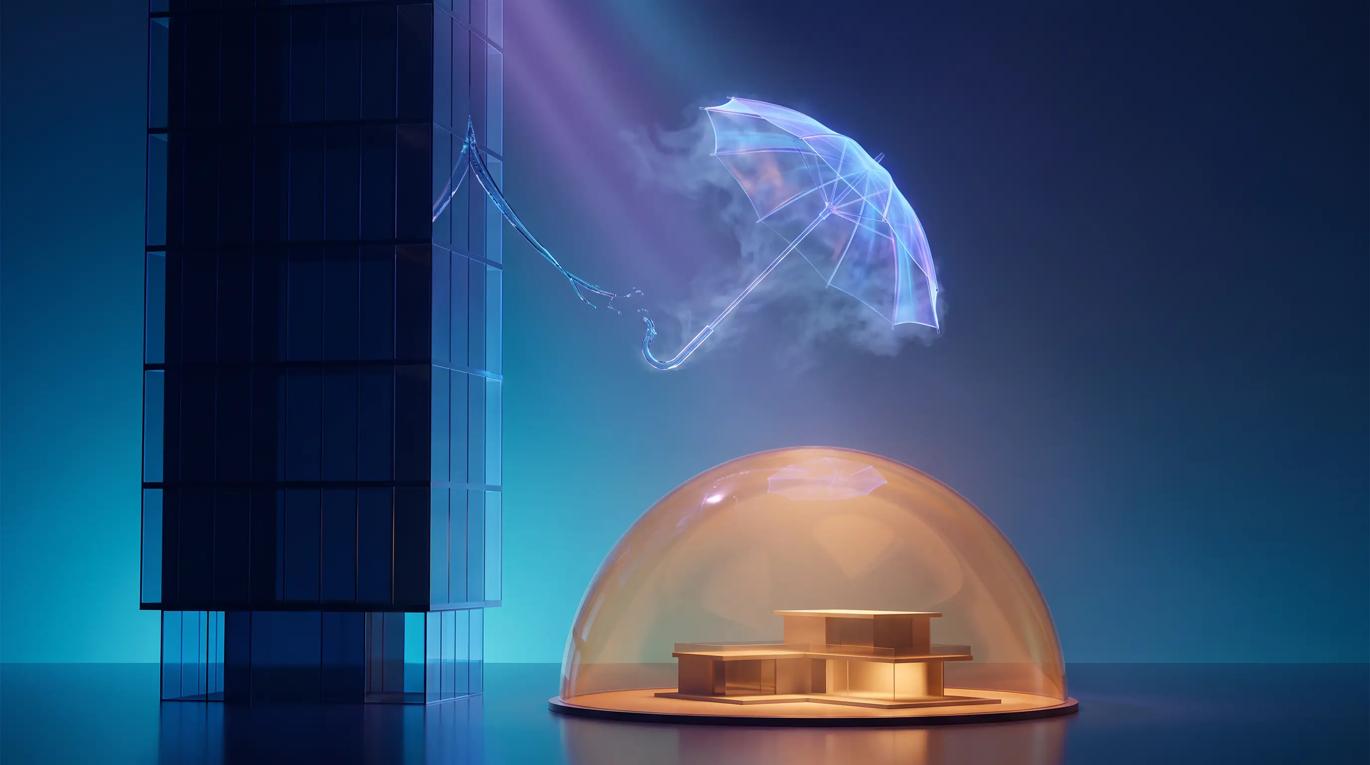 A tiny tethered umbrella of light dissolving beside a large freestanding amber glass dome sheltering a house, employer life insurance versus personally owned coverage