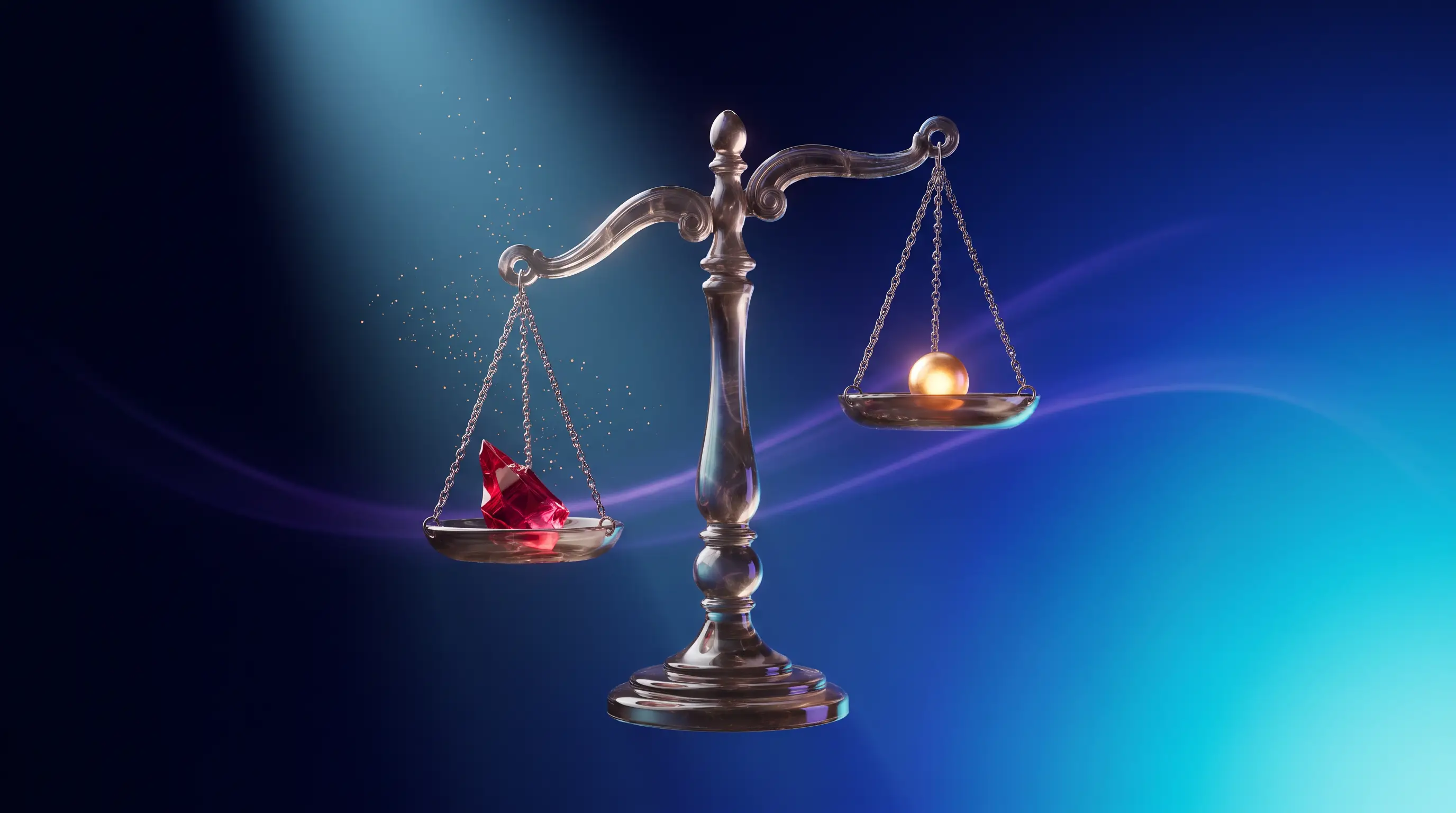 Smoky quartz scale weighing a jagged red deductible shard against a small glowing premium sphere, whether GAP health insurance is worth it
