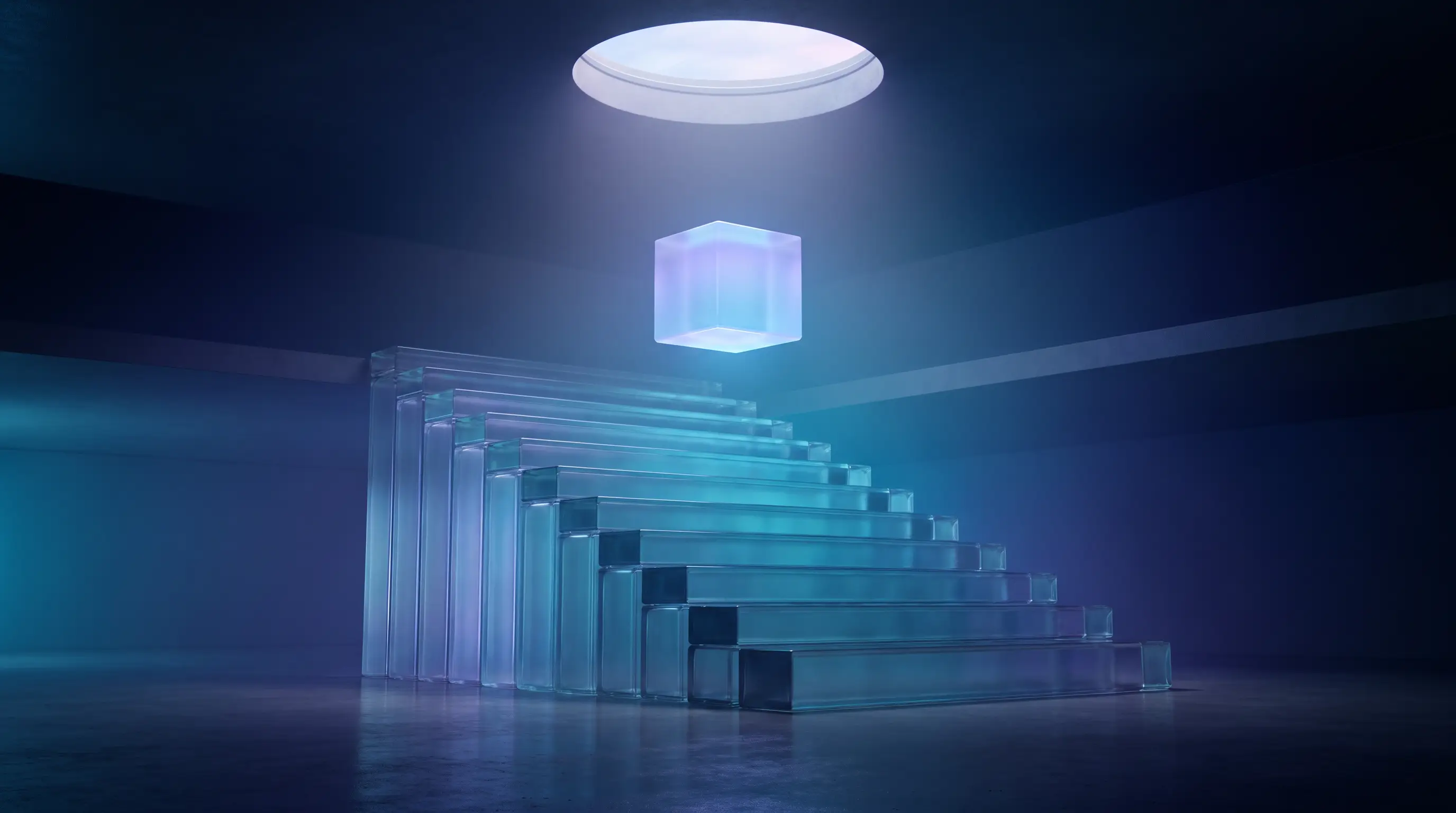 Glass block lifting free from a descending staircase and rising toward a skylight, the self-employed health insurance tax deduction