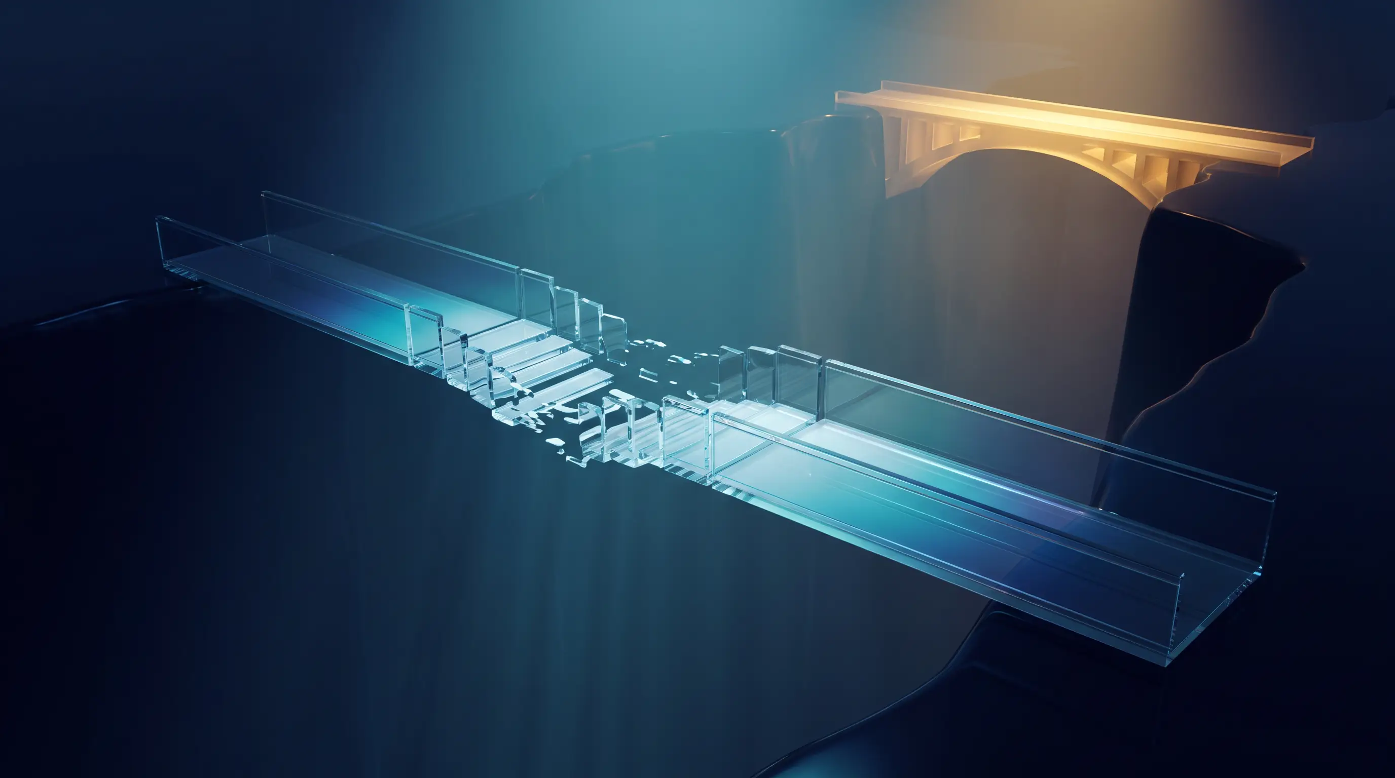 Fragile translucent glass footbridge with fading gaps beside a solid golden bridge, short-term health insurance as a freelancer bridge product