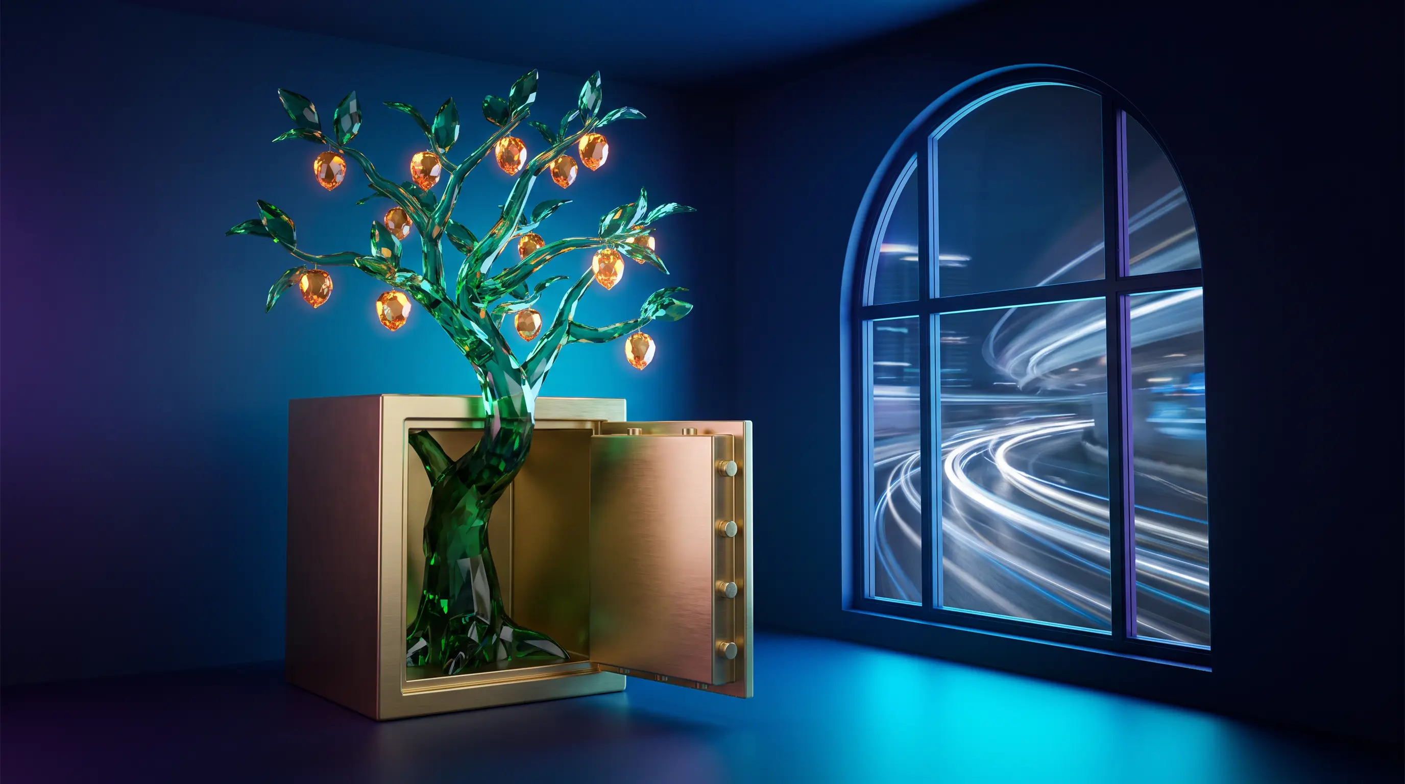 An emerald glass tree bearing small glowing fruit inside a golden vault while fast silver ribbons of light stream past outside, whole life insurance as steady protection rather than a market-beating investment