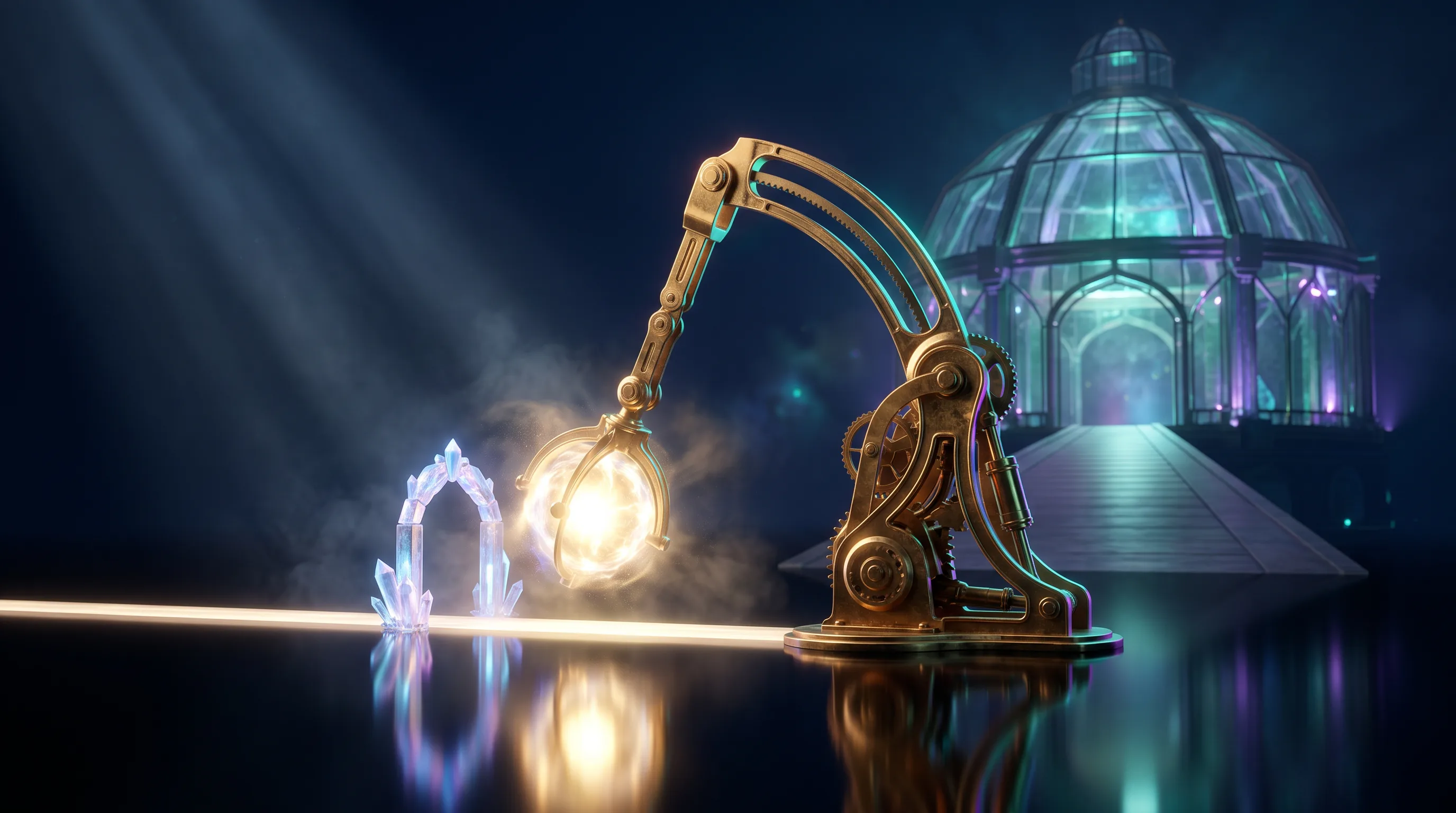 A payload of light held at a small crystal gate and redirected by a brass bracket toward a larger vault, naming a child as a life insurance beneficiary