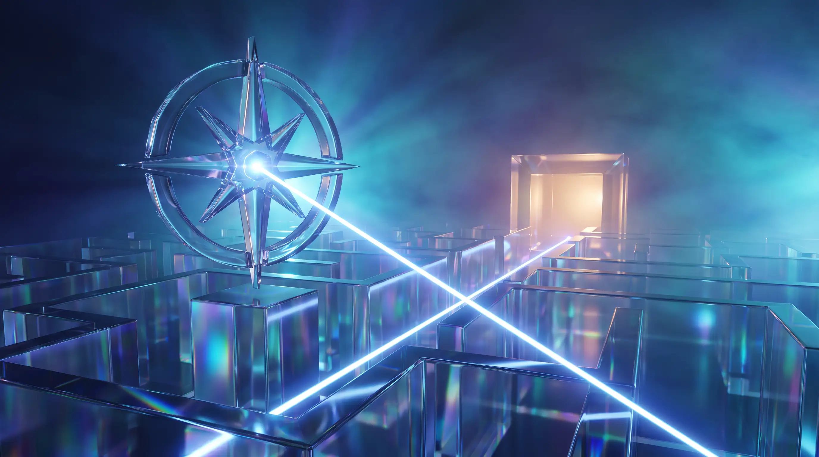 A glass compass beaming a clear path through a prism labyrinth, the guidance a benefits broker provides at no added plan cost