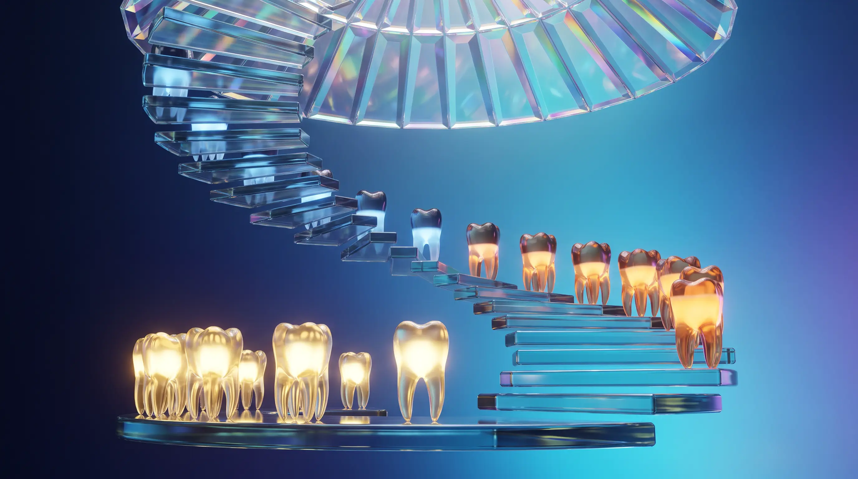 Three rows of crystal teeth on a glass staircase, each row lit to a different level of golden light under a prismatic dome, the 100-80-50 structure of what dental insurance covers