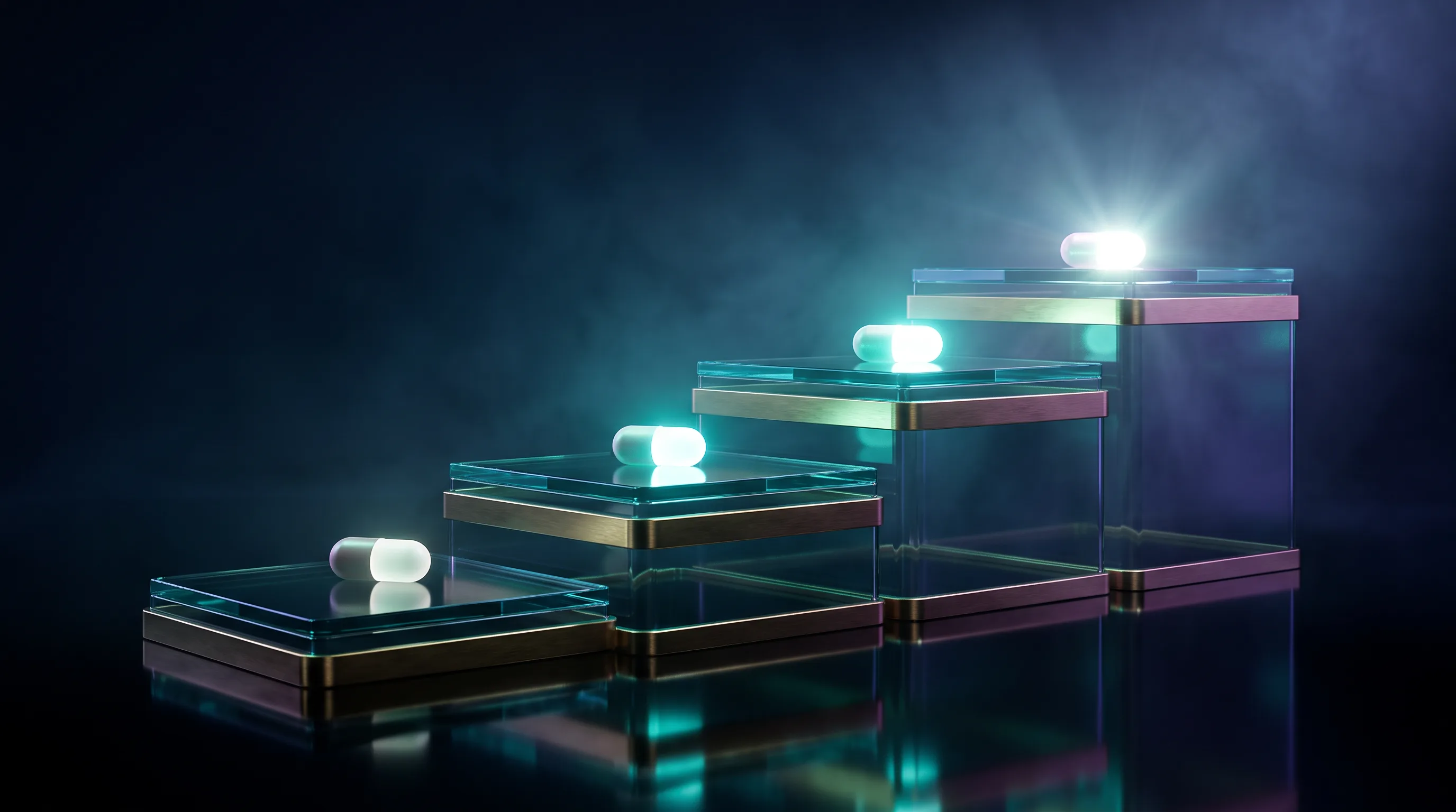 Glowing capsules resting on four rising glass cost tiers with brass edges, what Medicare Part D costs in Nevada