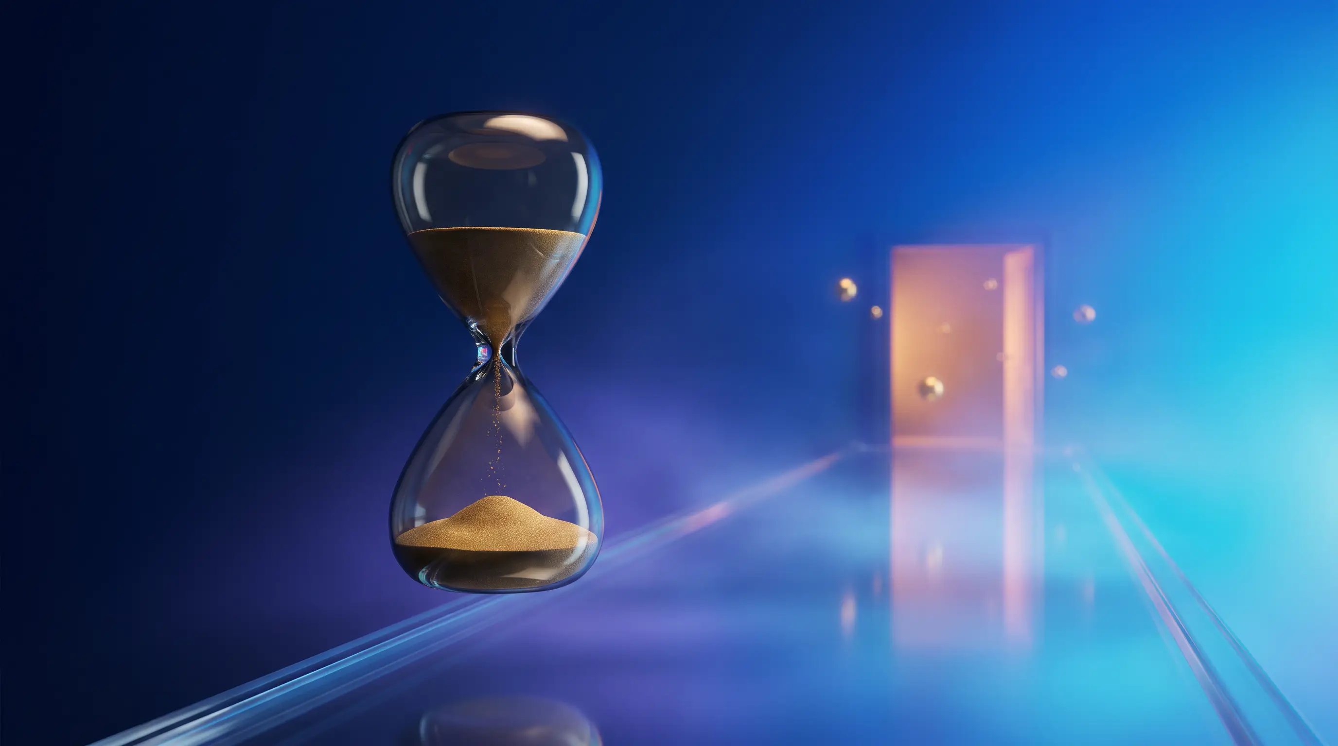 Spent hourglass before a long corridor leading to a distant lit doorway, consequences of missing Nevada open enrollment