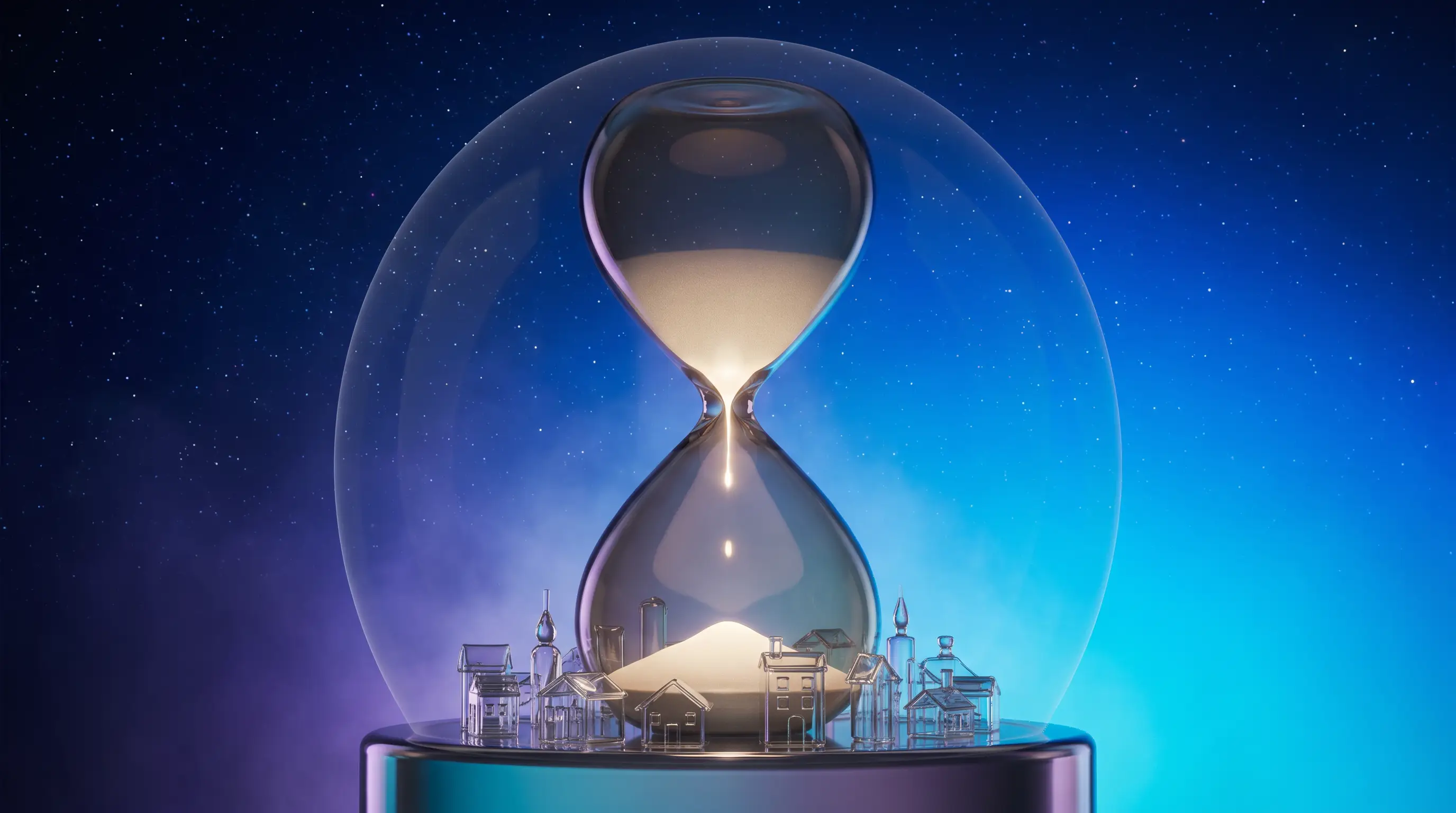An hourglass dropping its last glowing grain as the canopy of light over a glass village fades away, coverage ending when a term life policy expires