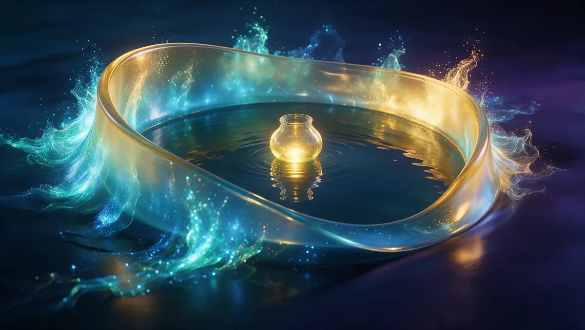 A curving translucent glass harbor wall enclosing a small vessel lit warm gold in still water, turbulent cyan light breaking outside the wall, a Safe Harbor 401k plan design