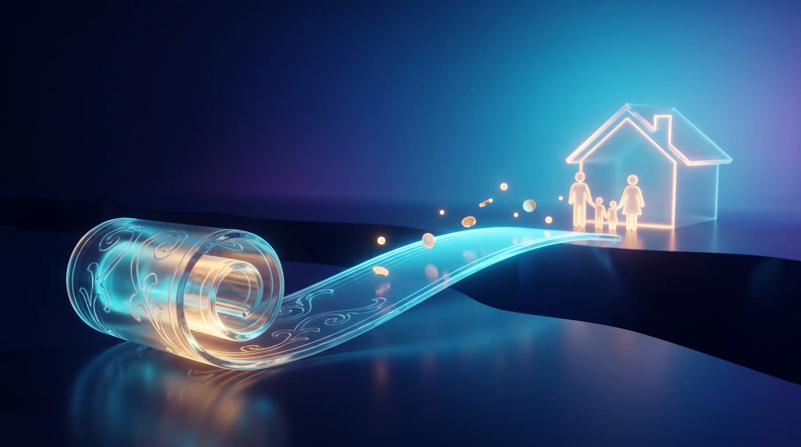 A glowing glass scroll casting a bridge of light and coins to a family at their home, a Section 105 plan at work