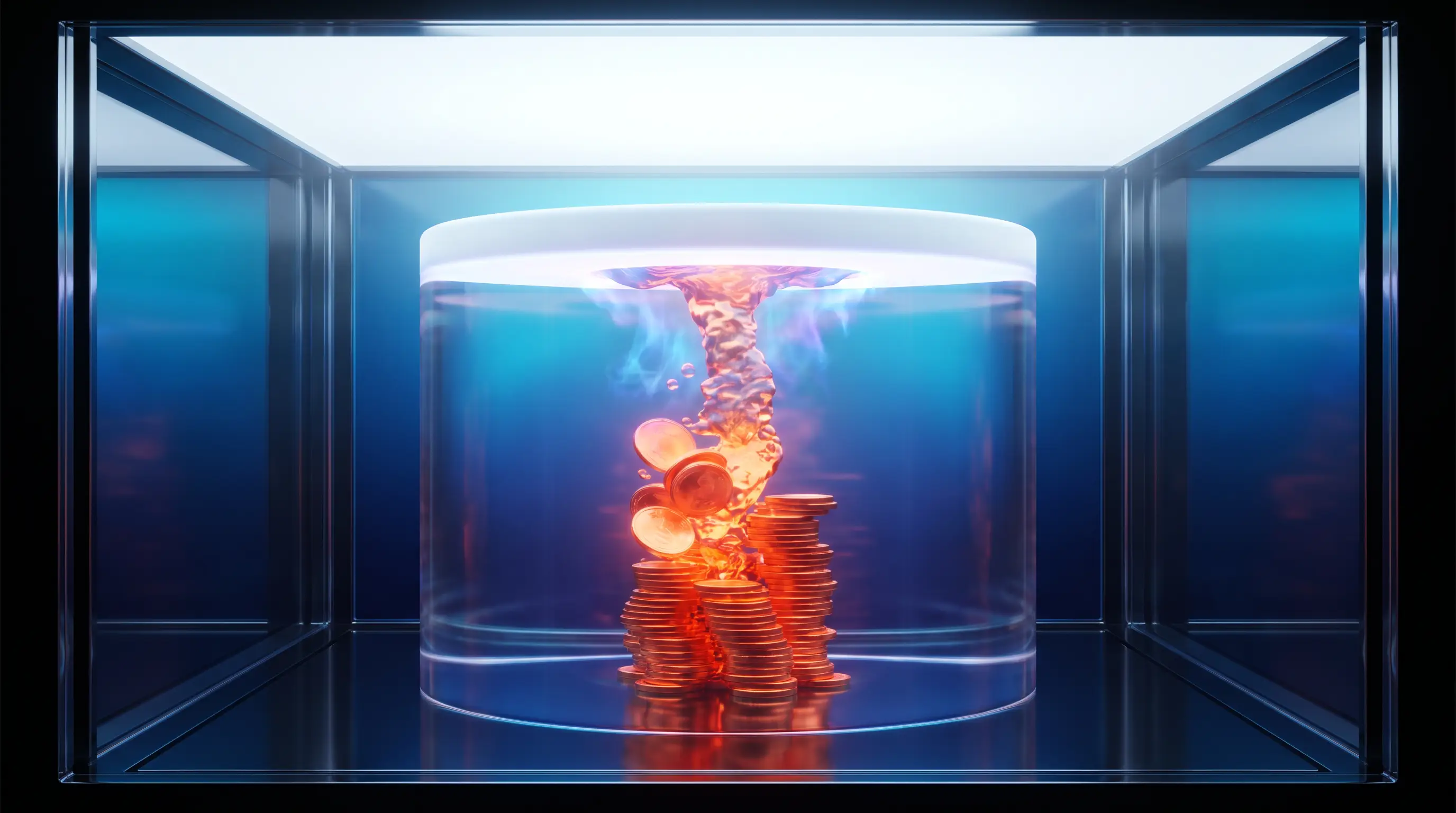 Coin column stopped by a glowing ceiling plate inside a crystal cylinder, the out-of-pocket maximum spending cap