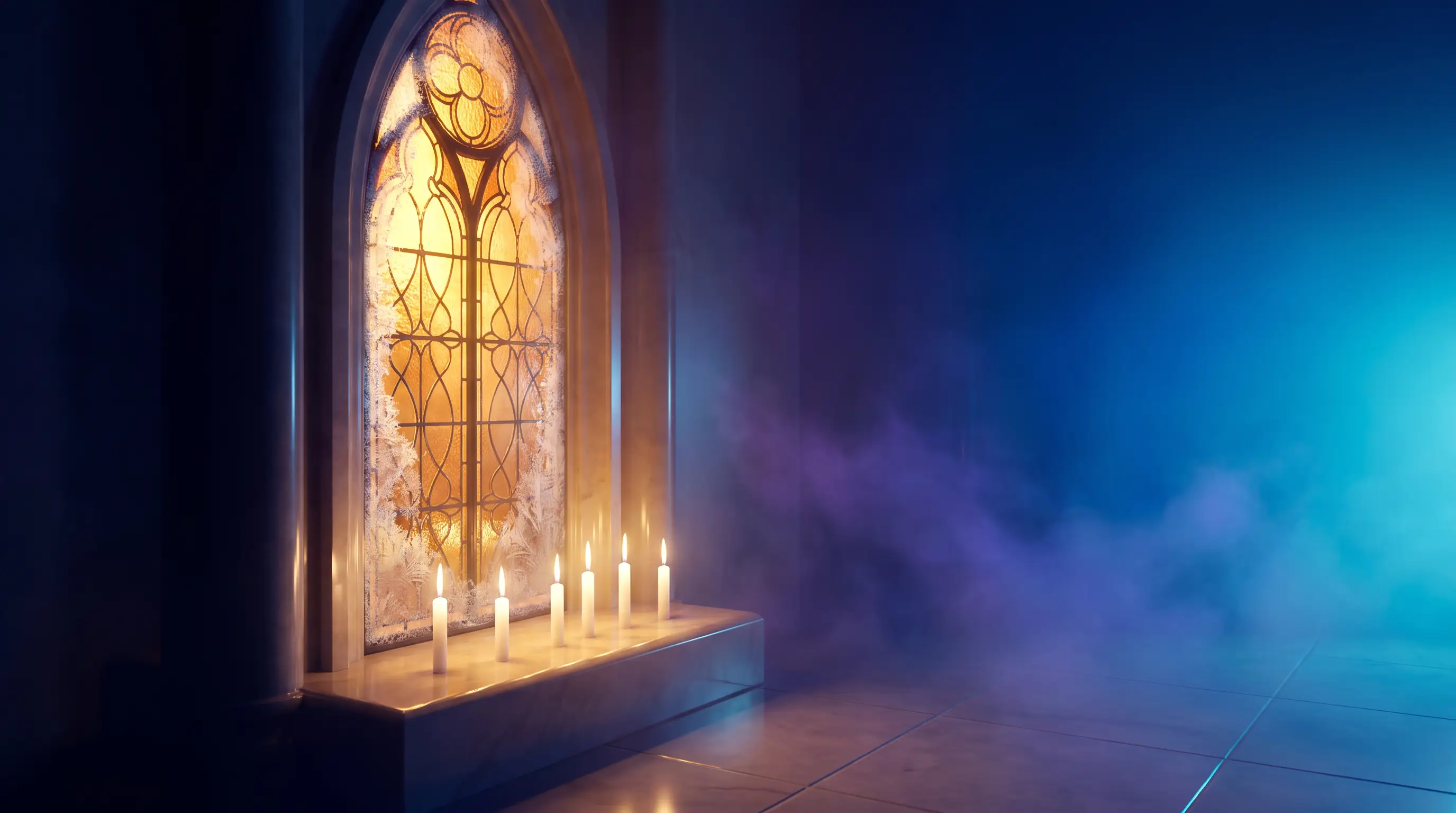 Amber stained-glass window with six candles of light slowly frosting over, the one-time six-month Medigap open enrollment window