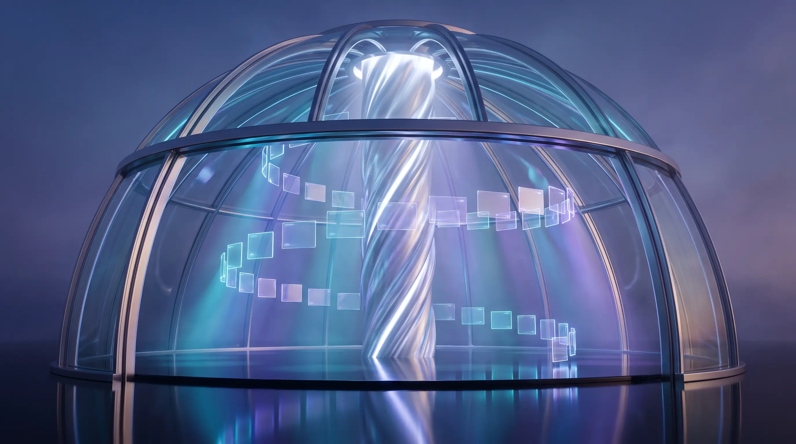 Glowing glass pavilion with orbiting luminous plan cards around a silver column, Nevada Health Link state marketplace