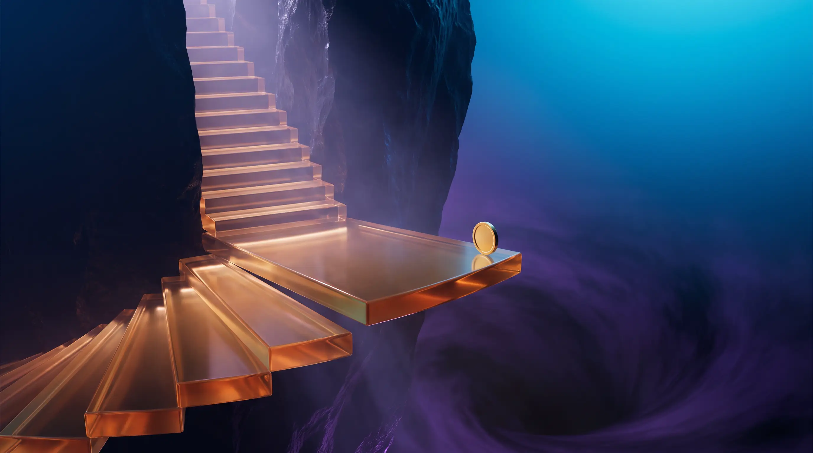 Amber glass staircase ending abruptly at a sheer dark cliff with a coin on the edge, the ACA subsidy cliff concept