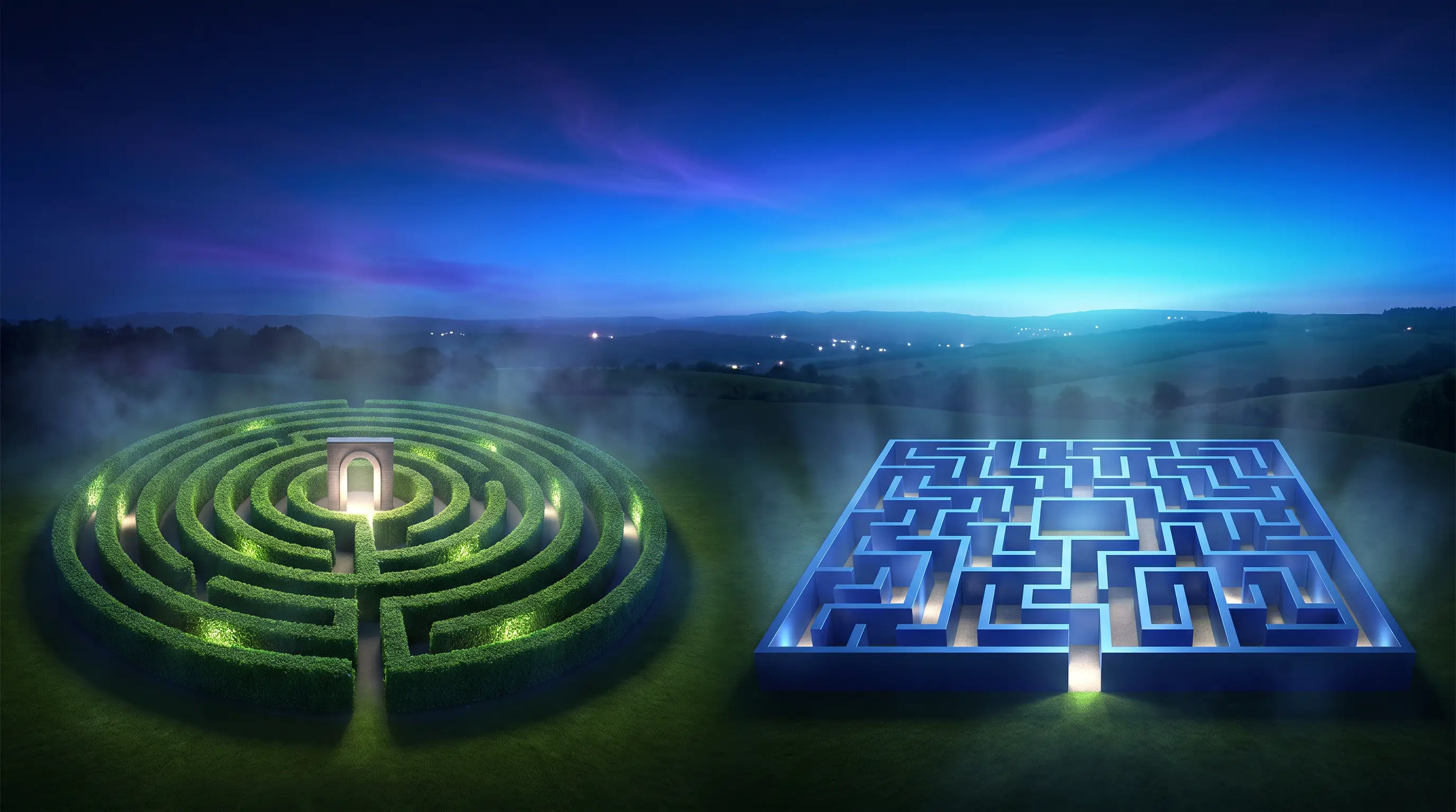 Closed emerald maze with a gatekeeper arch beside an open sapphire lattice with many exits, HMO versus PPO network design