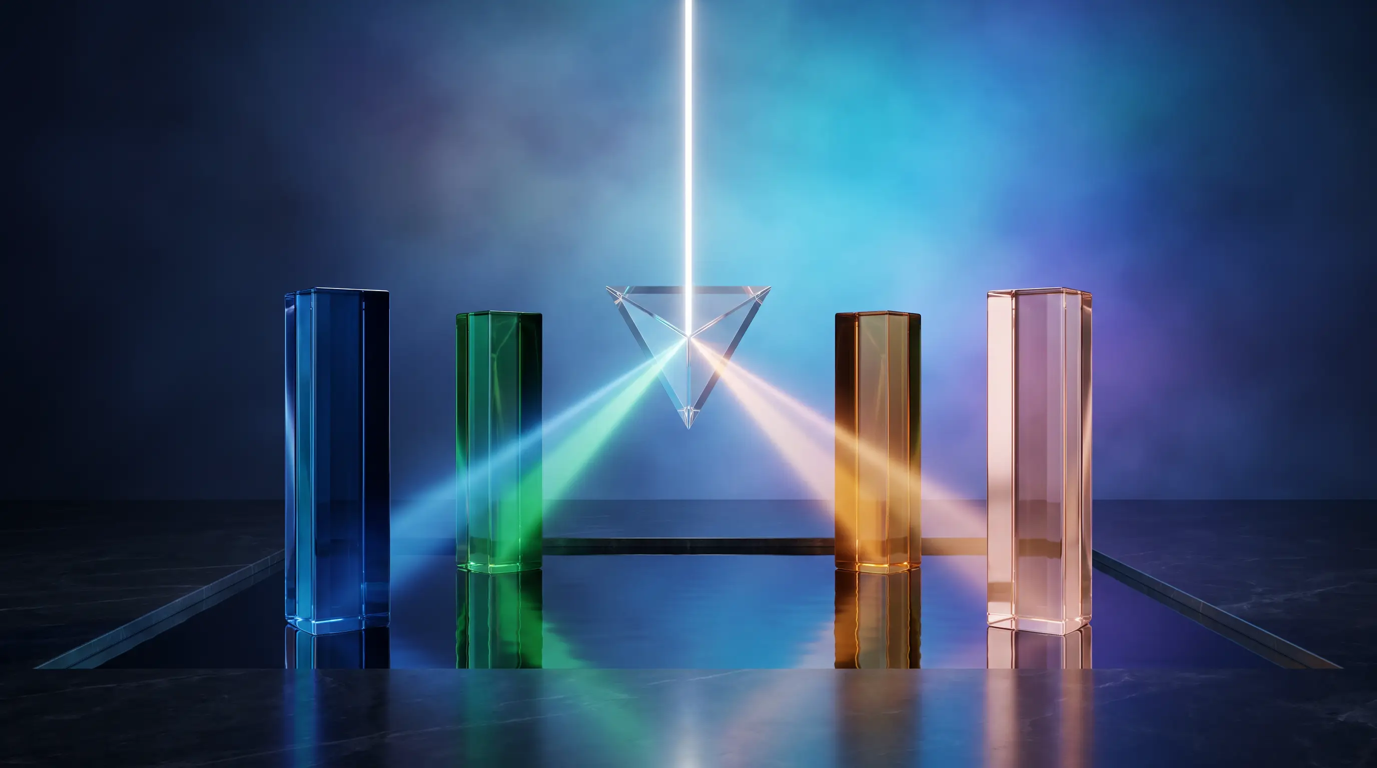 Four colored glass pillars channeling light into one floating prism above a reflective pool, the DIME method summing Debt, Income, Mortgage, and Education into a single coverage number