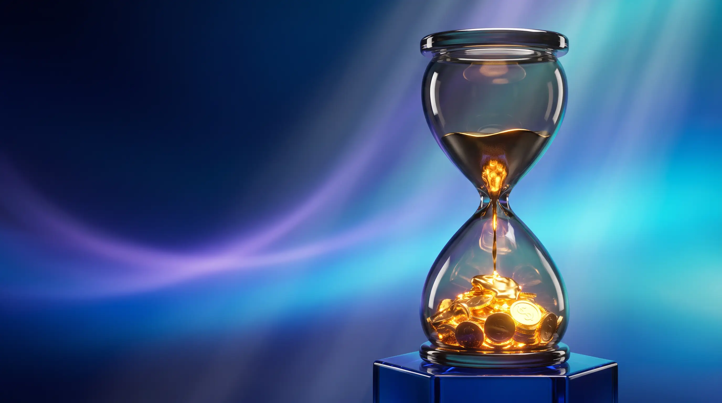 Smoked-glass hourglass spilling golden sand that hardens into a permanent stack of luminous coins, the lifetime Medicare Part B late enrollment penalty