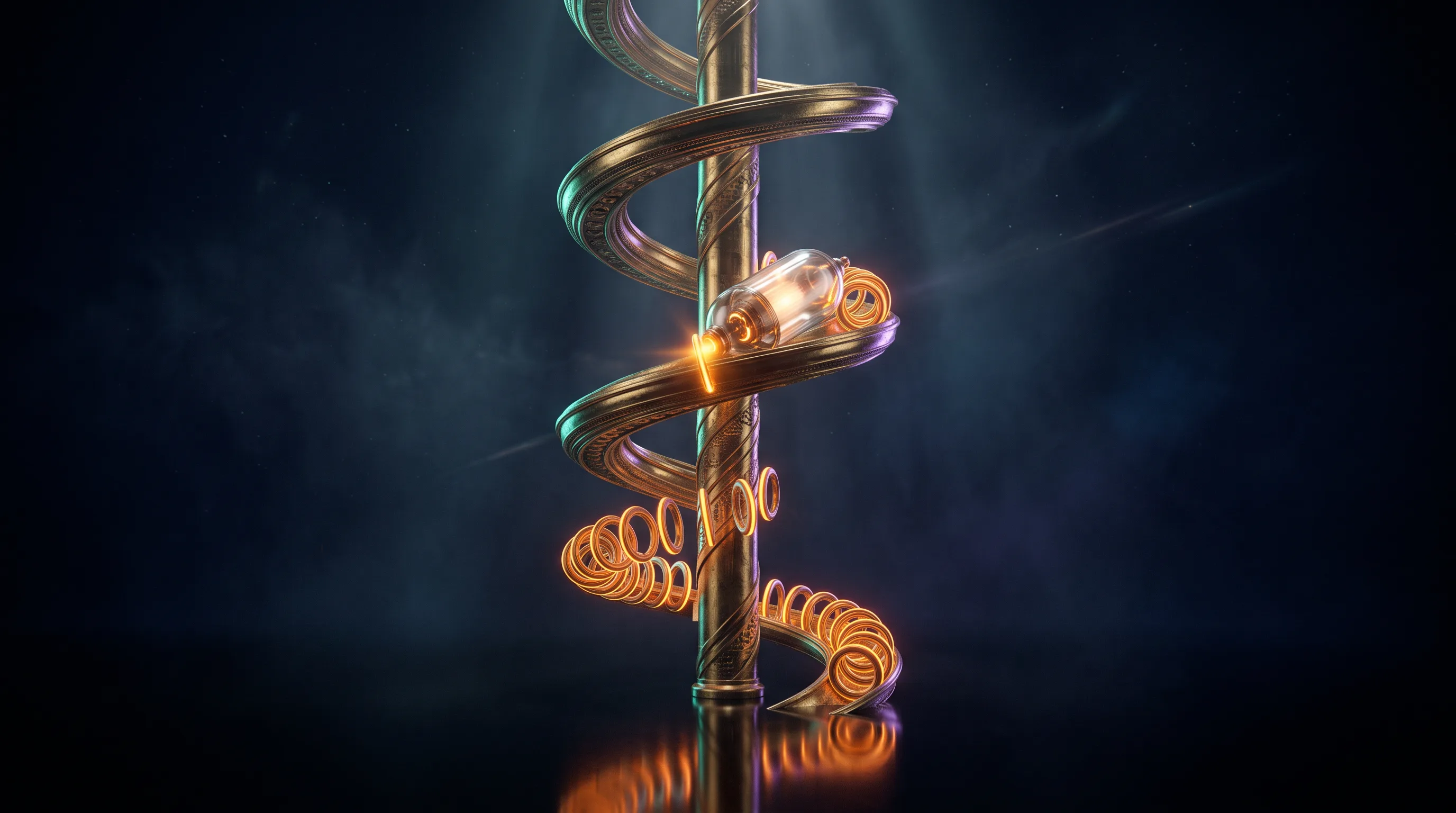 A glass capsule climbing a brass spiral and permanently gaining an amber ring at every turn, the Medicare Part D late enrollment penalty
