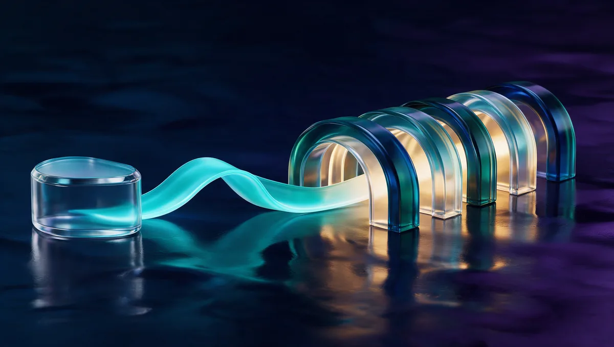 A ribbon of cyan light flowing from a central glass plinth into a row of small individual glass vaults each lit gold, the Nevada Employee Savings Trust moving payroll into personal accounts