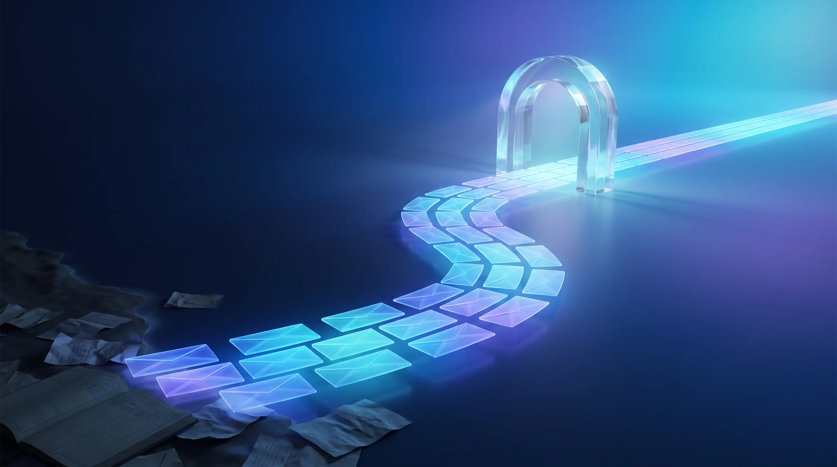 A river of glowing pay envelopes flowing from a cluttered shoreline through a crystalline archway into perfect order, payroll outsourced