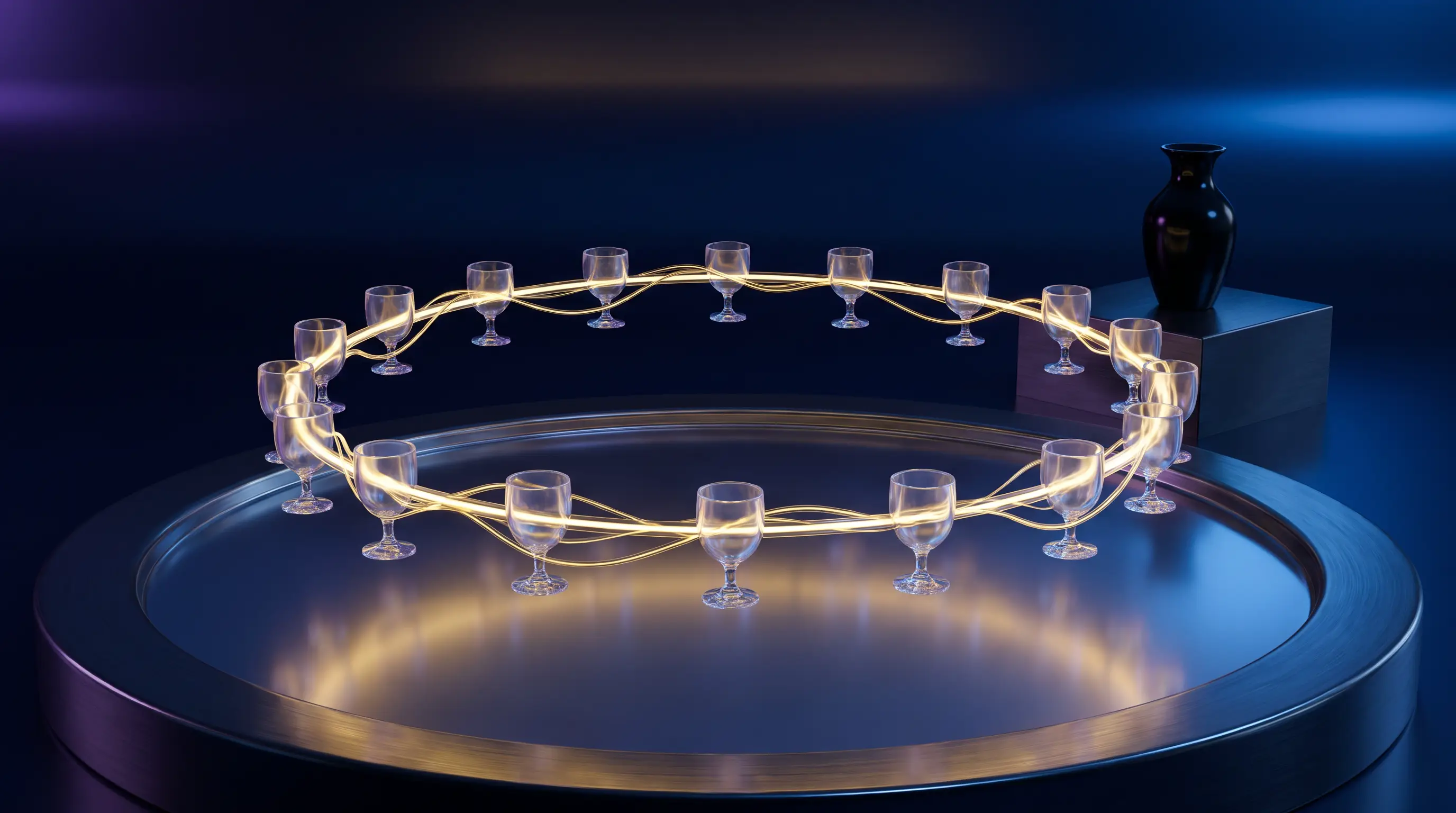 A ring of glass chalices sharing golden light with one tall dark vessel excluded outside the circle, who can legally share a tip pool
